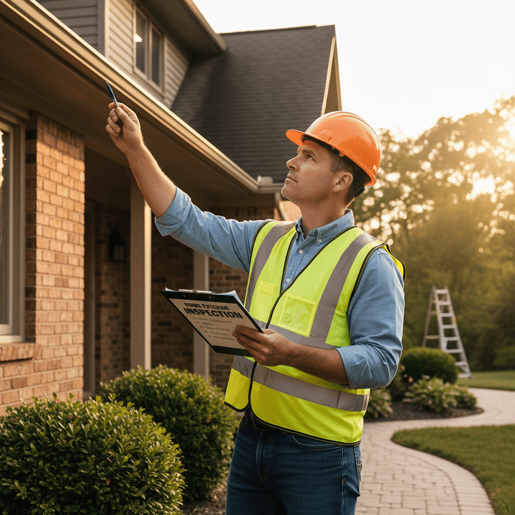 Contractor inspecting a home exterior while holding a clipboard