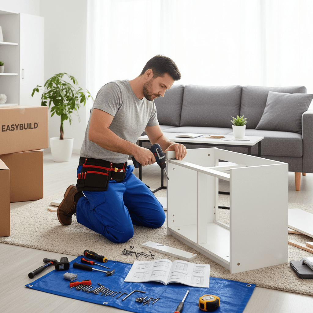 Handyman assembling flat pack furniture with a power drill in a living room