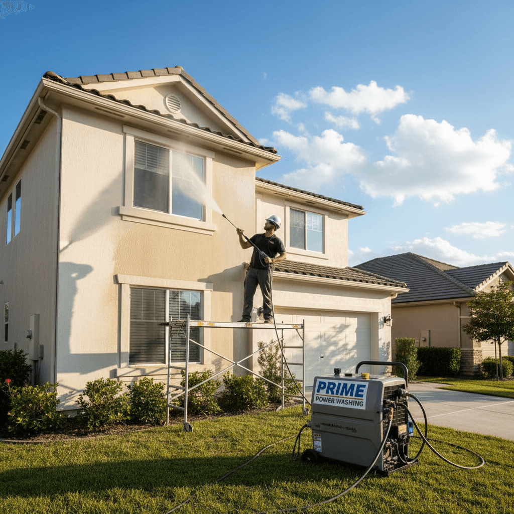 Worker in safety gear pressure washing the side of a house