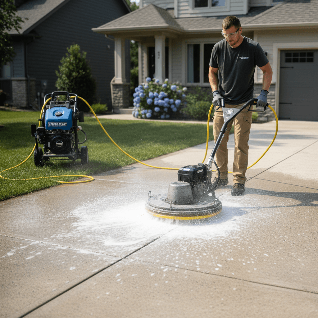 Pressure washing a concrete driveway with a professional surface cleaner