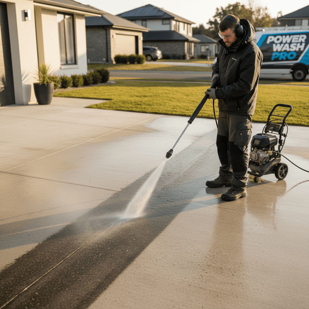Pressure washing a concrete driveway