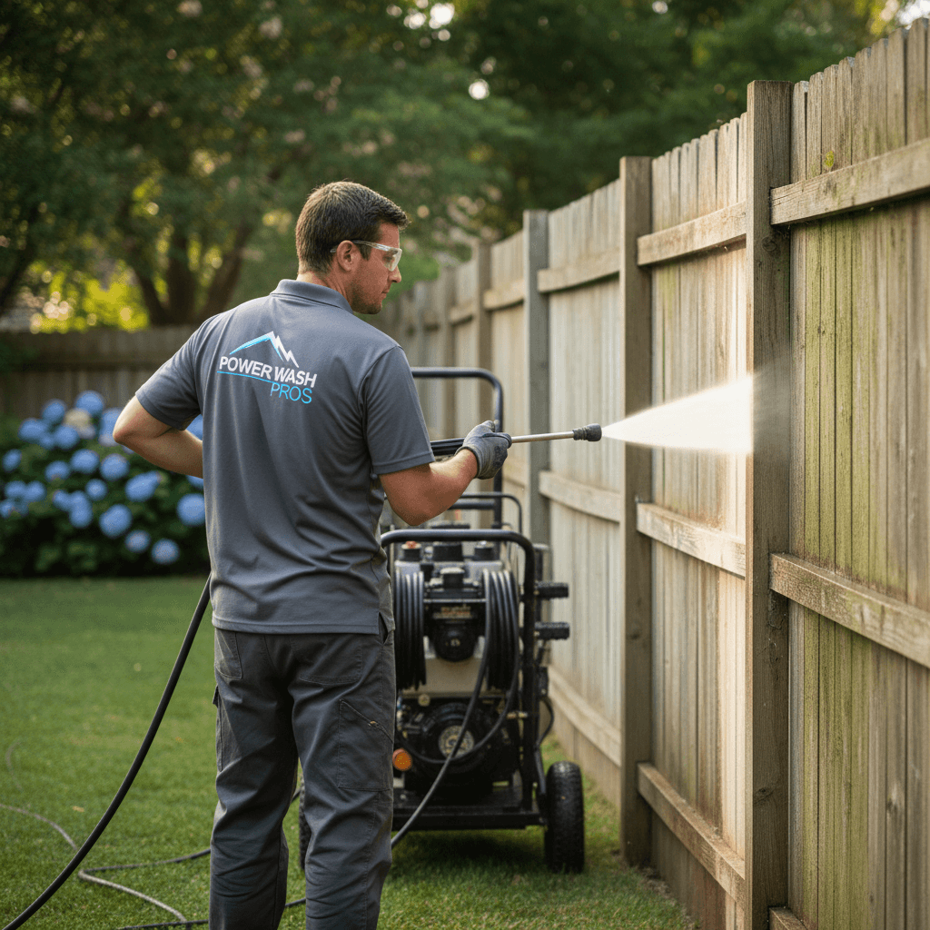 Cleaning a wooden fence with a pressure washer