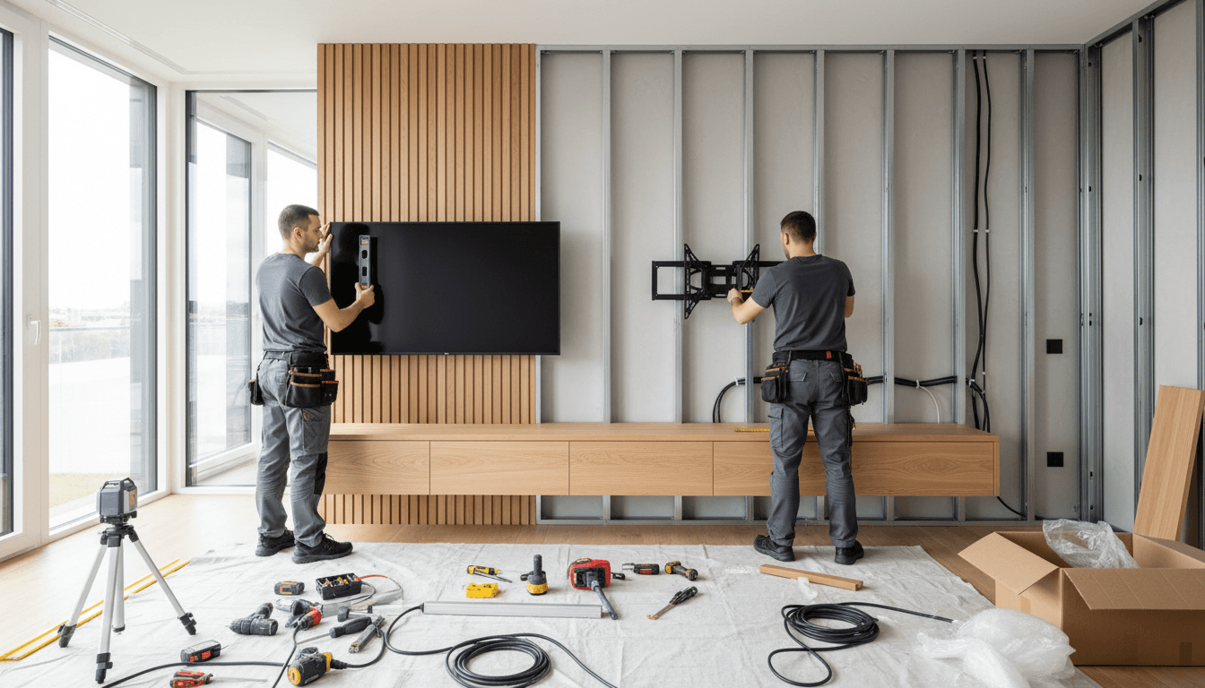 Worker mounting a flat screen TV on a living room wall