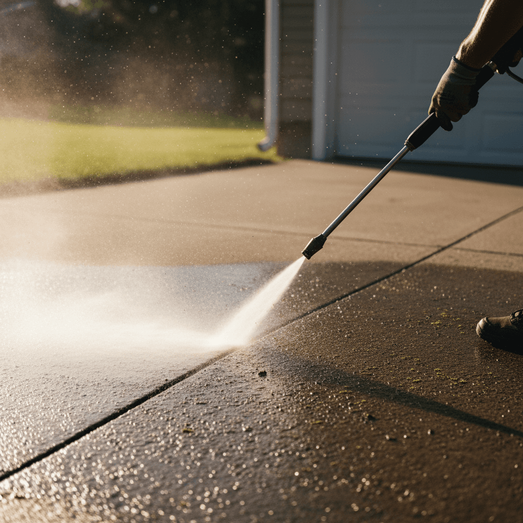 Pressure washing a concrete driveway with high-pressure water spray