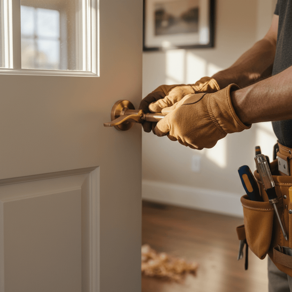 Professional handyman with tools in a bright modern home ready to get to work