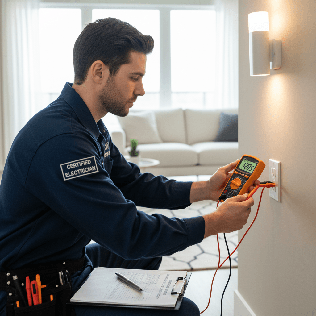 Home inspector checking a wall socket with a voltage tester in a bright room