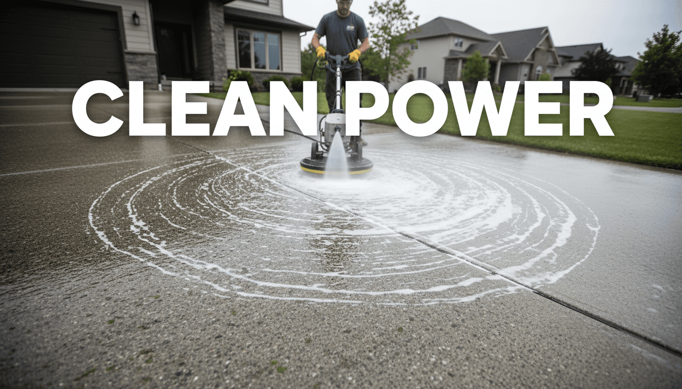 Contractor pressure washing a residential driveway