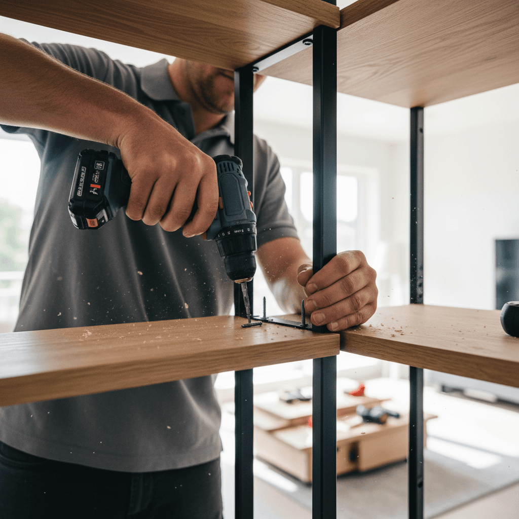 Technician assembling furniture with a drill in a bright modern living room