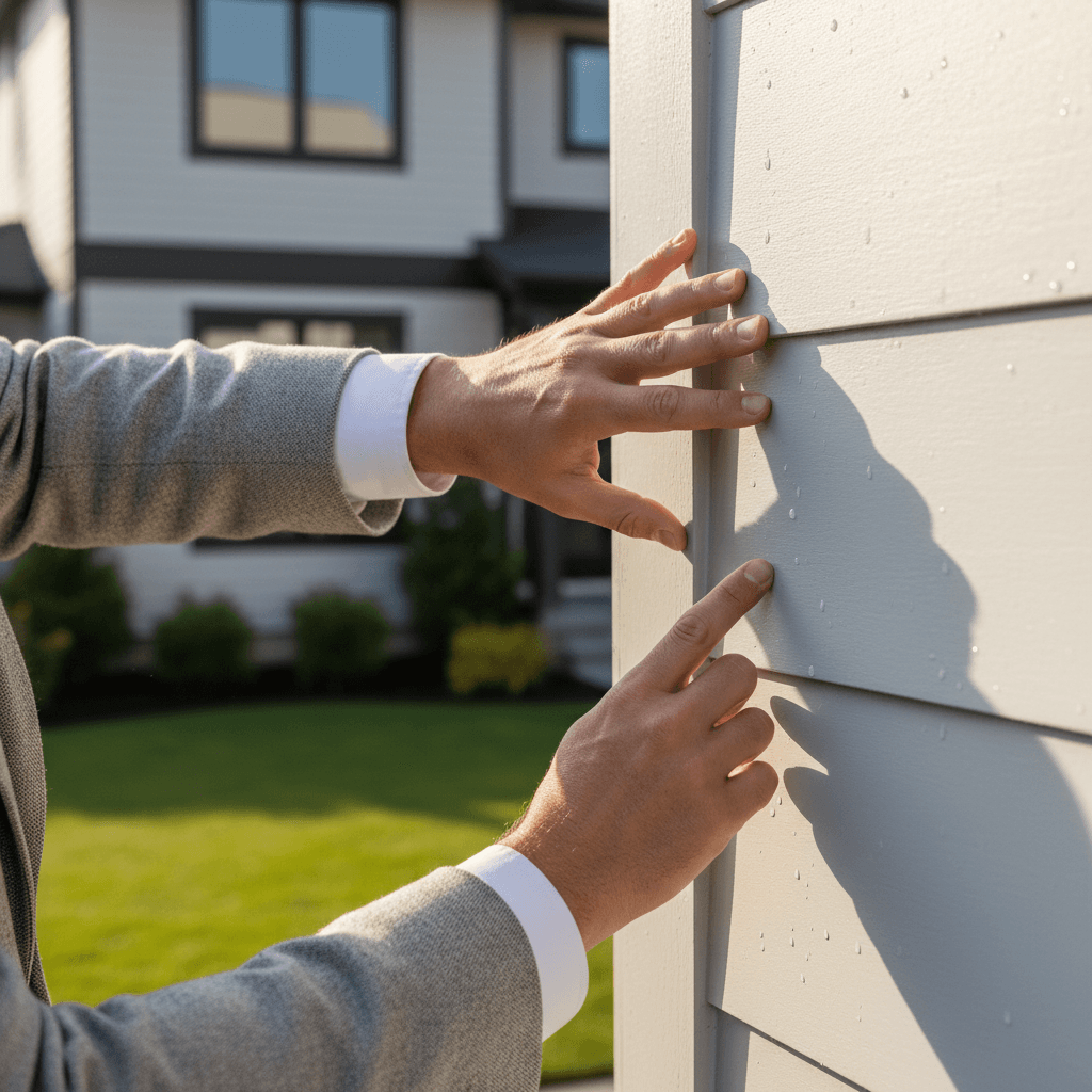 Professional checking exterior siding and gutters on residential house