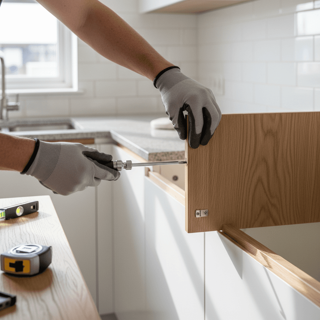 Contractor adjusting a kitchen cabinet door with a screwdriver