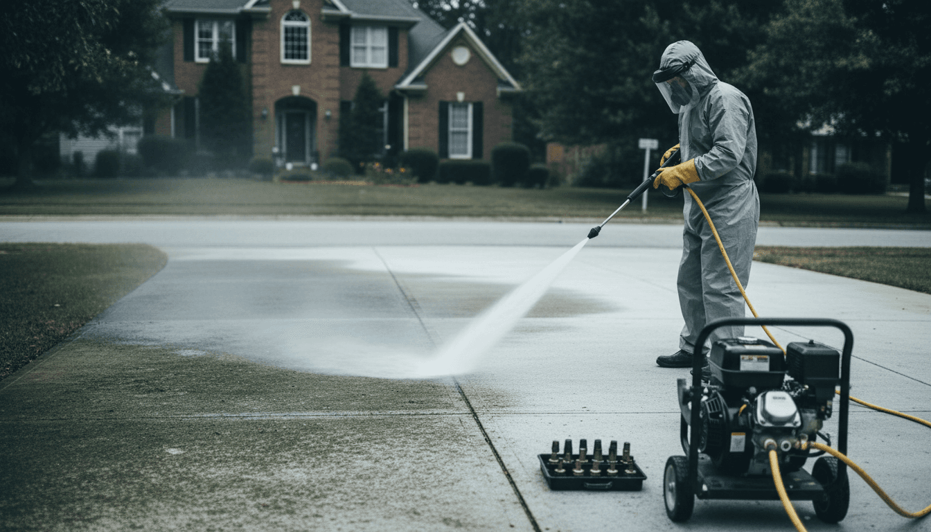 Pressure washing a residential driveway with a professional wand