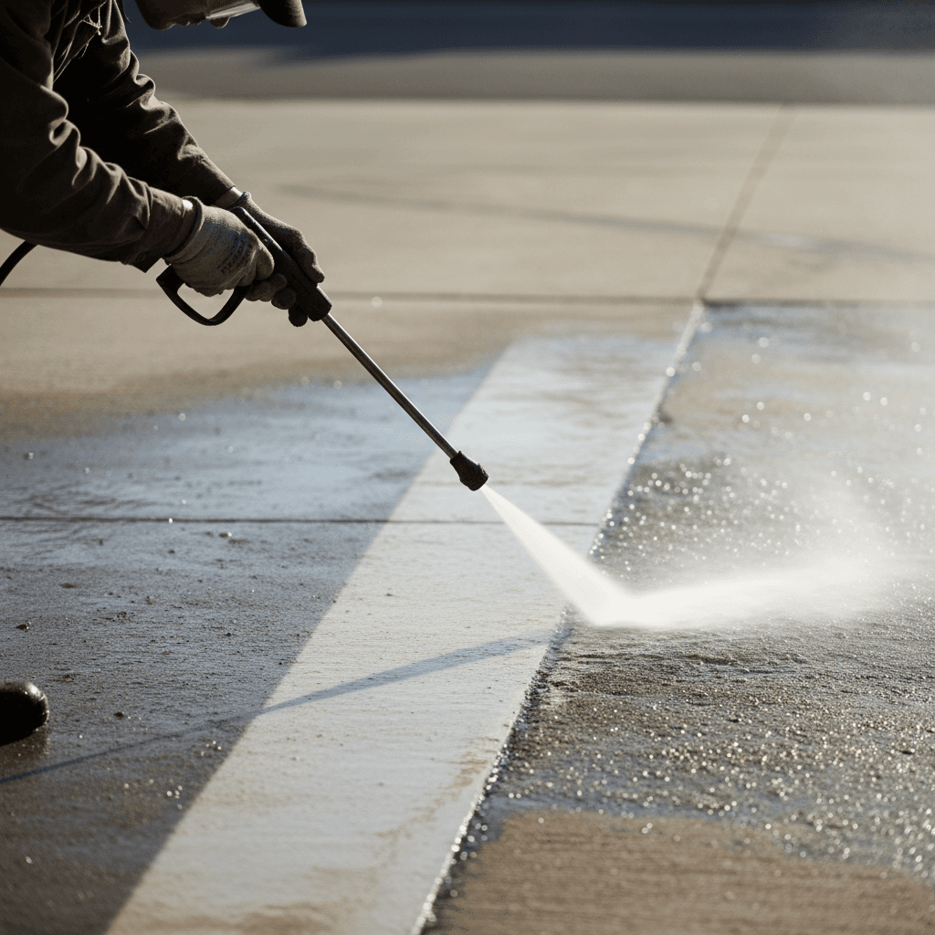 Professional pressure washing a residential driveway with a gas powered washer