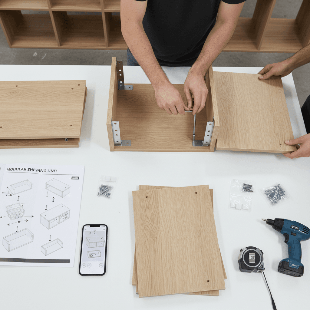 Handyman assembling a flat pack bookshelf with an allen wrench in a living room