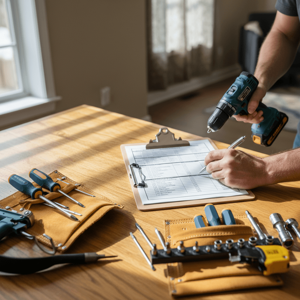 Handyman holding a clipboard while inspecting a home interior